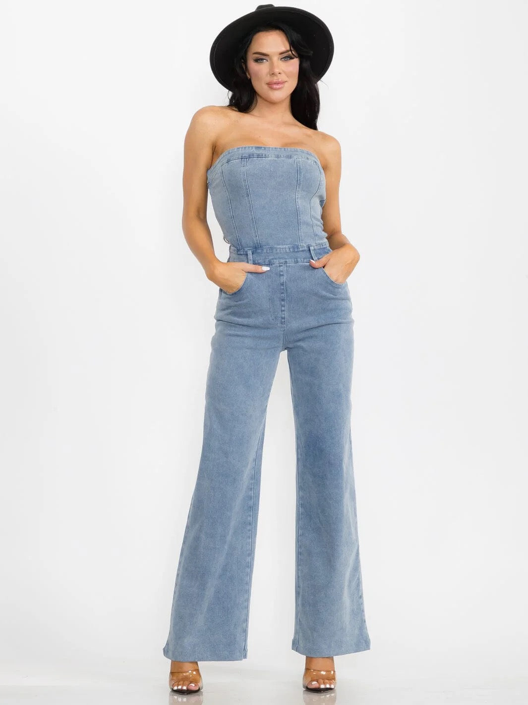 RODEO REBEL STRAPLESS STRETCH WIDE LEG POCKET DENIM JUMPSUIT