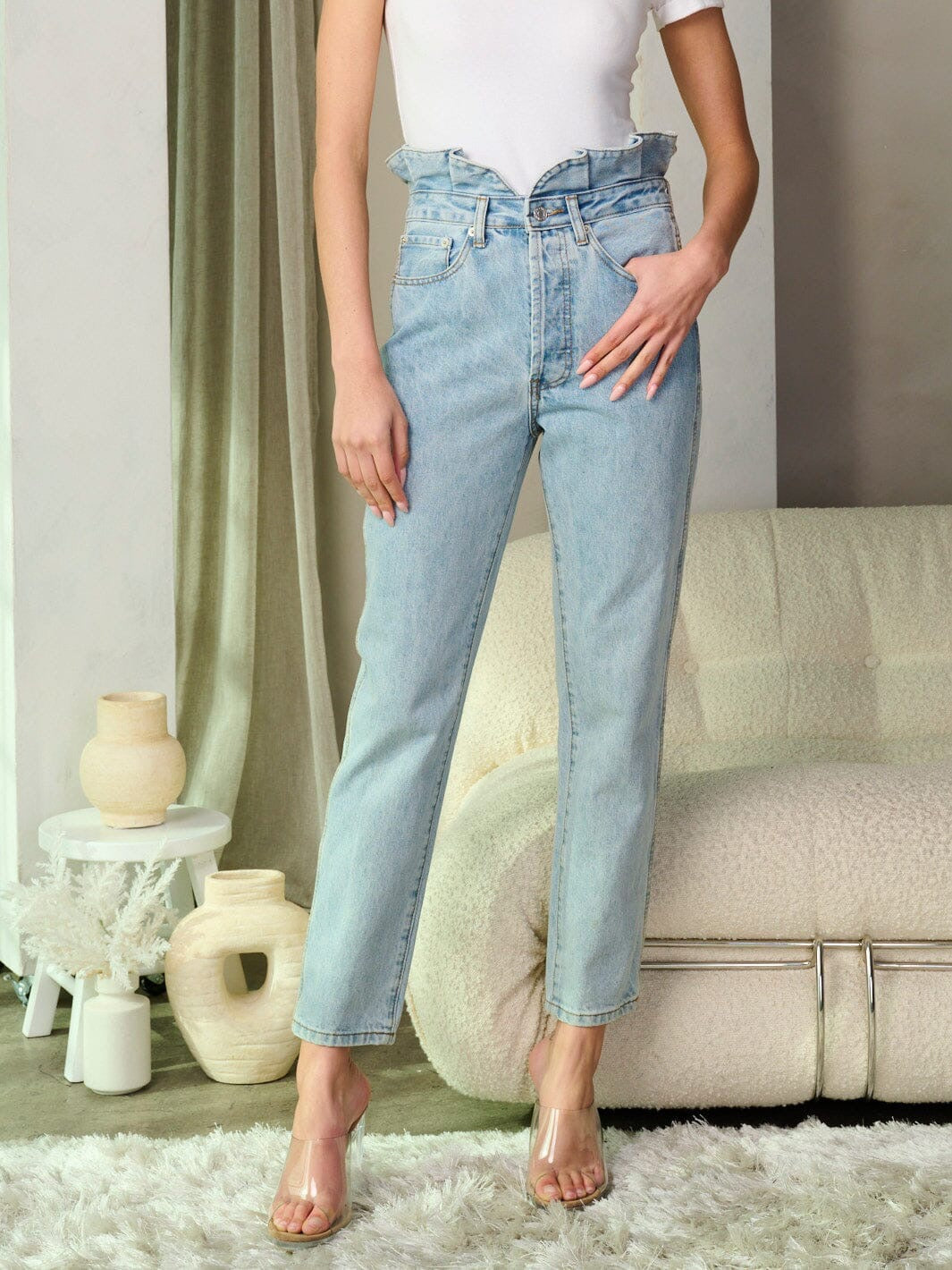 LT. BLUE RUFFLE PAPER BAG HIGH WAIST DENIM CROP JEANS