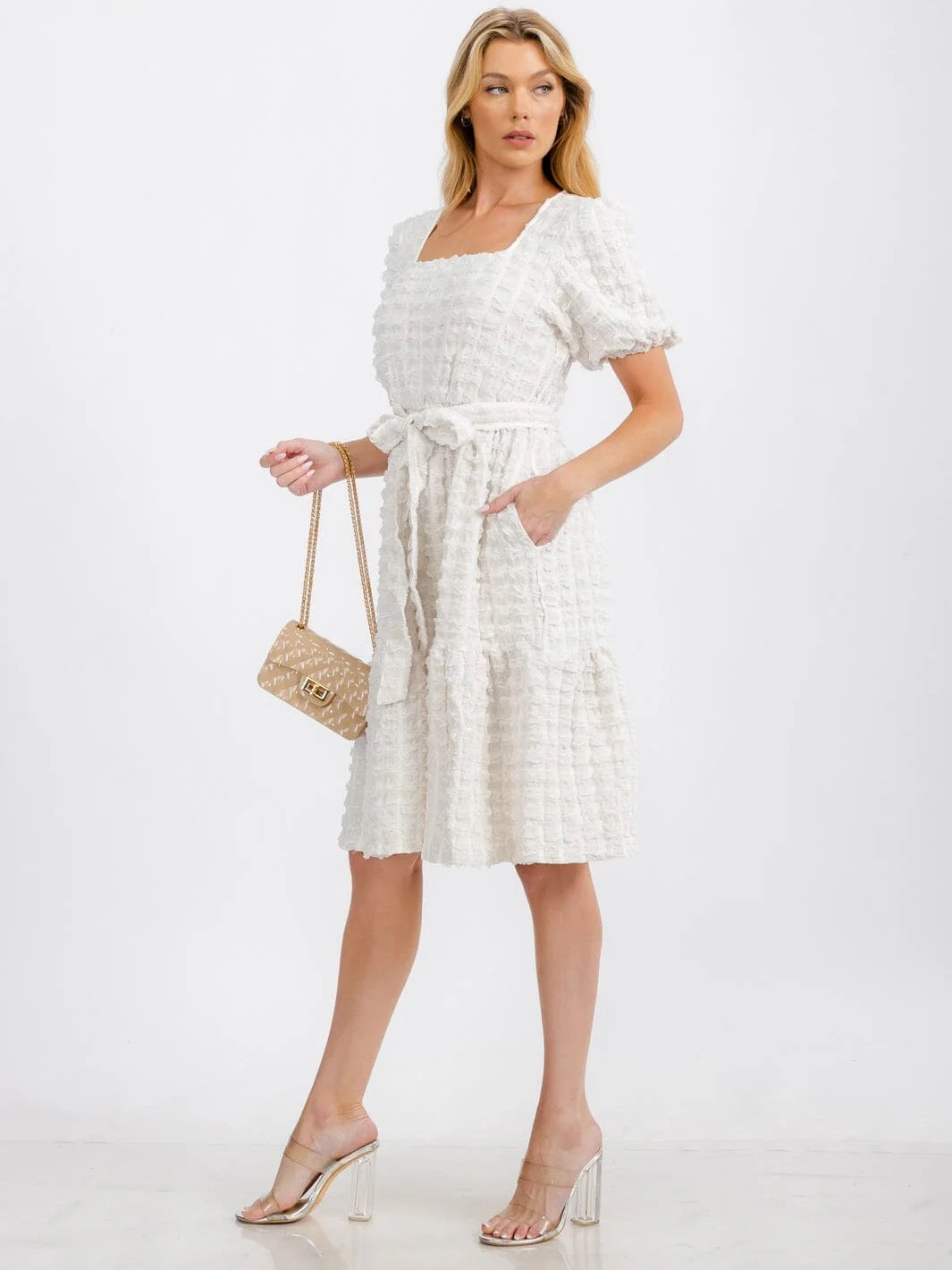 ON CLOUD NINE PUFF SLEEVE SQUARE NECK TIERED POCKETS MIDI DRESS