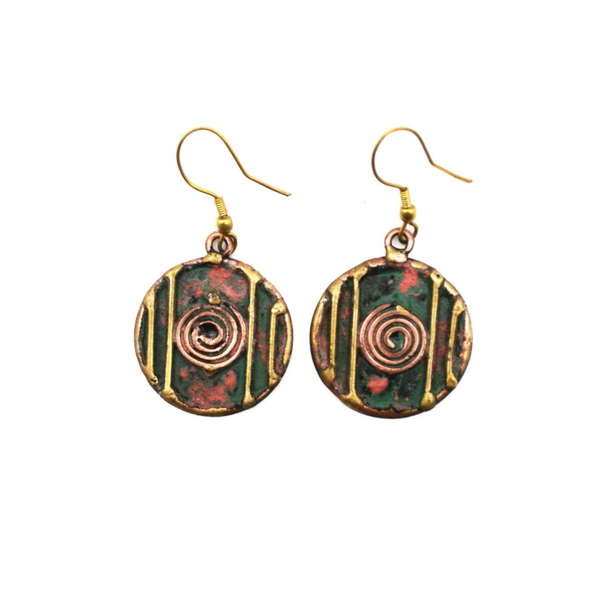 Brass and Copper with Red and Green Round Patina Earrings