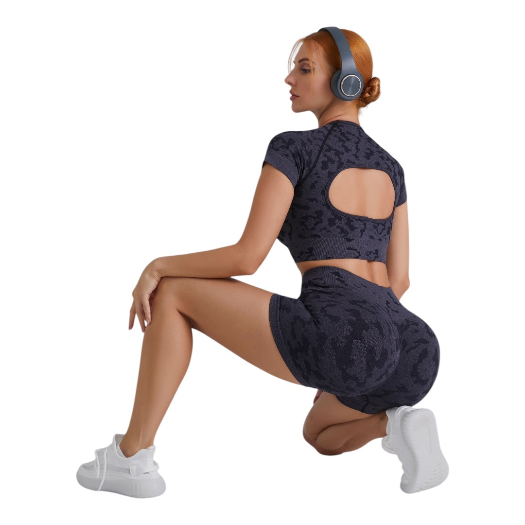 Camo Print Seamless Crop Top High Waisted Short Activewear Set