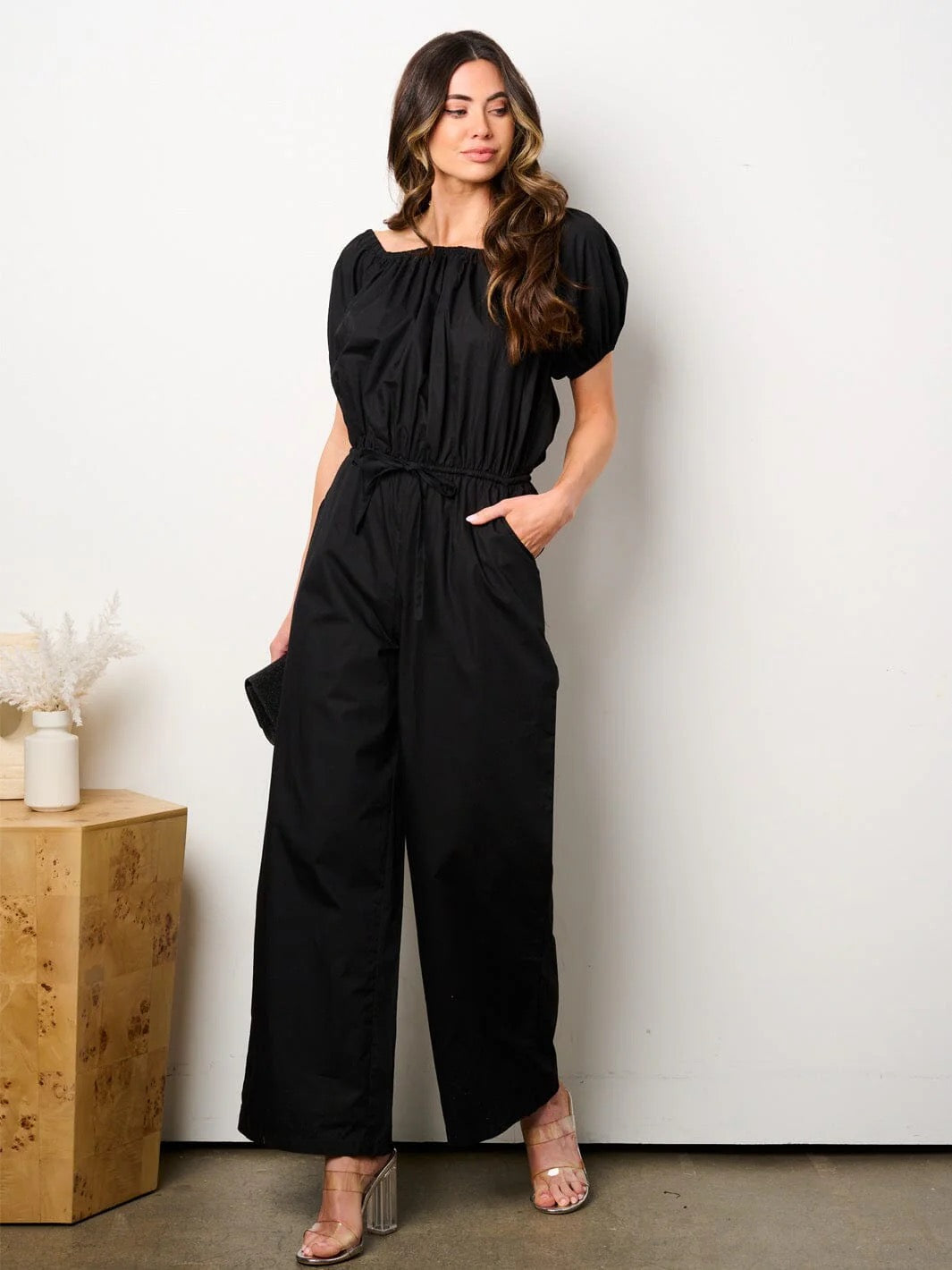MIDNIGHT CLINCH PUFF SLEEVE ELASTIC WAIST WIDE LEG JUMPSUIT