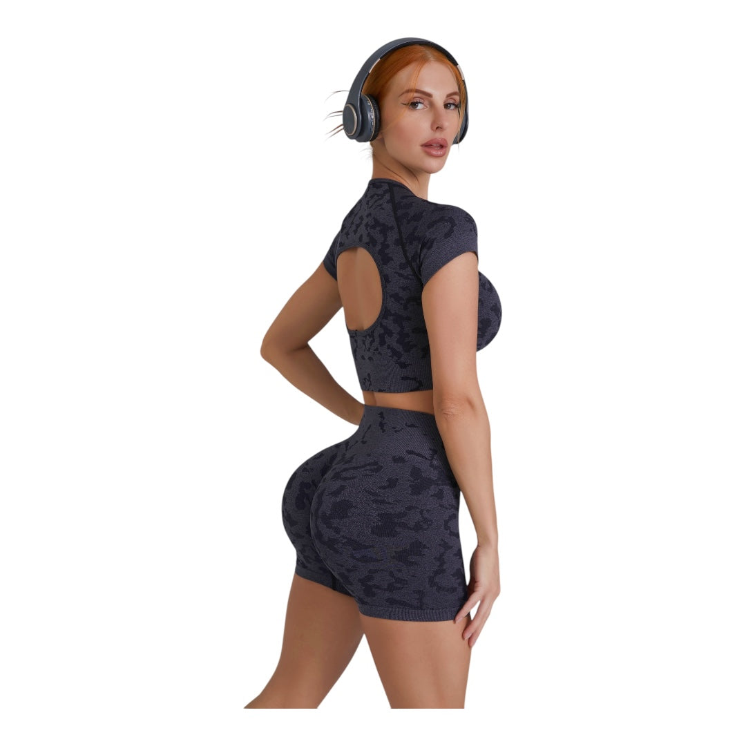 Camo Print Seamless Crop Top High Waisted Short Activewear Set