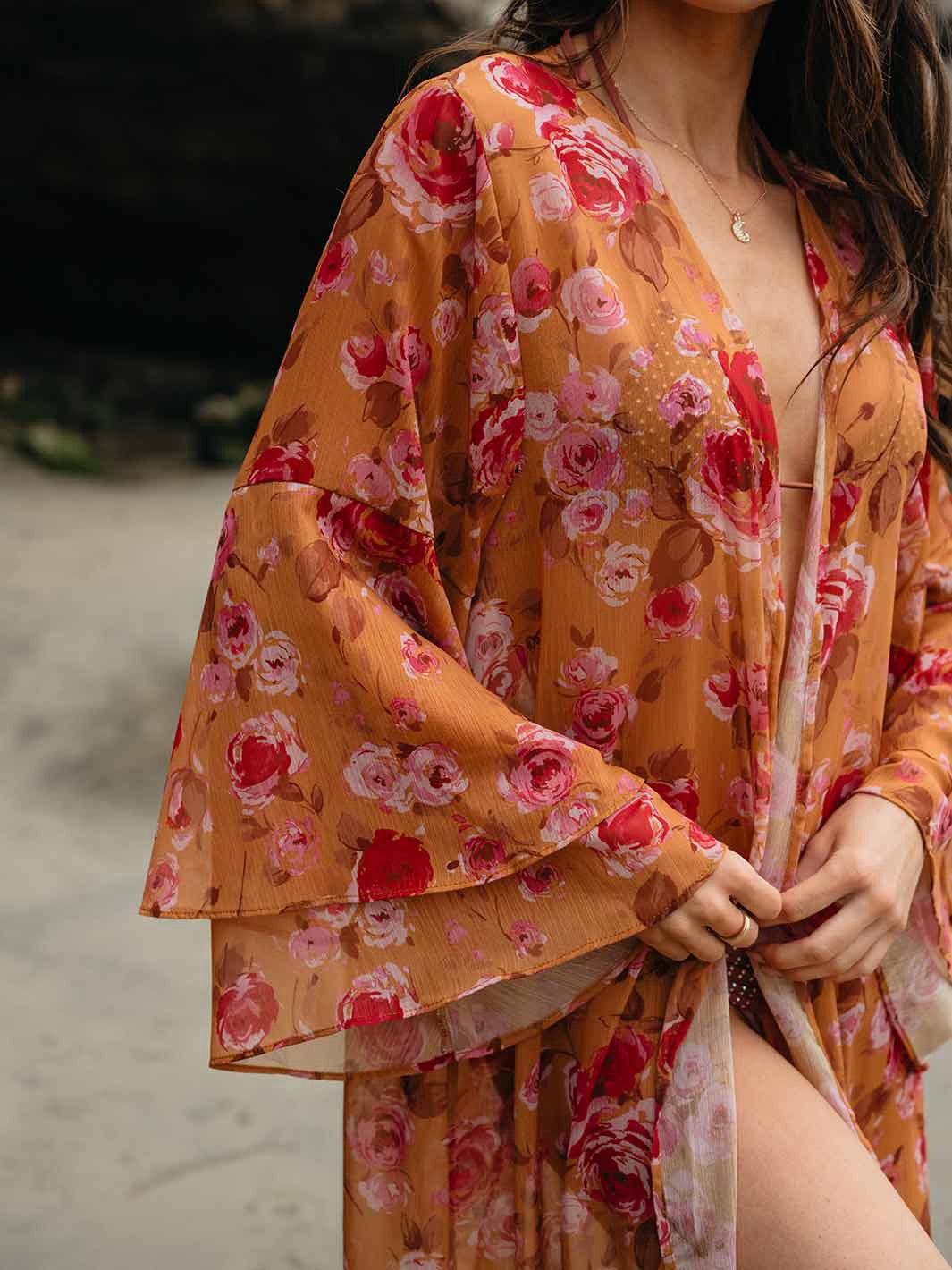 FLORAL RUFFLE SLEEVE OPEN FRONT FLORAL KIMONO/ SWIM COVERUP