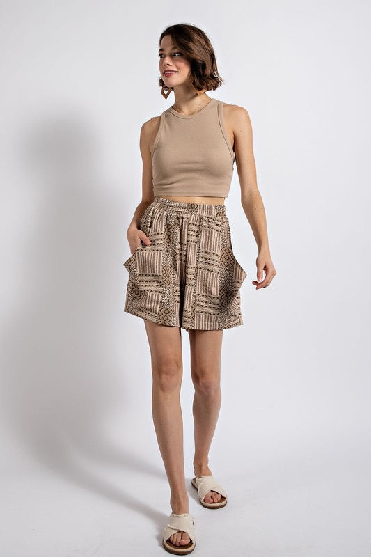 High Waisted Brown Aztec Print Shorts
