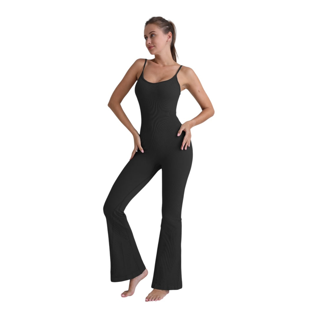 Black Full Body Ribbed Adjustable Spaghetti Strap Flare Yoga Jumpsuit