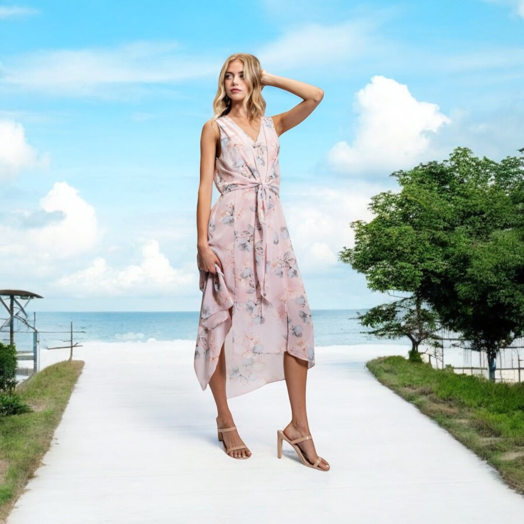 Pale Pink and Blue Floral Draped Tie Front Dress