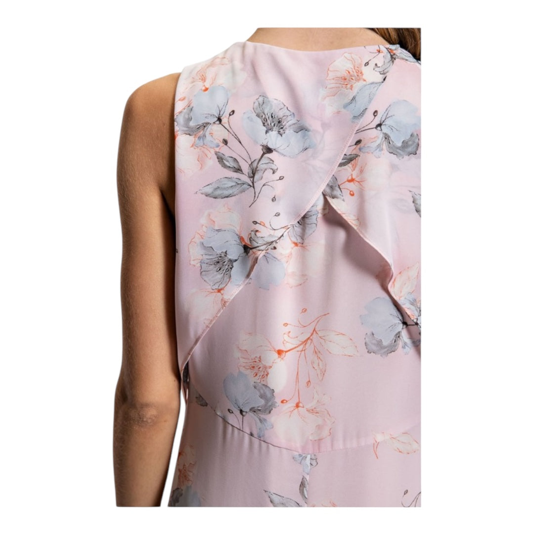 Pale Pink and Blue Floral Draped Tie Front Dress