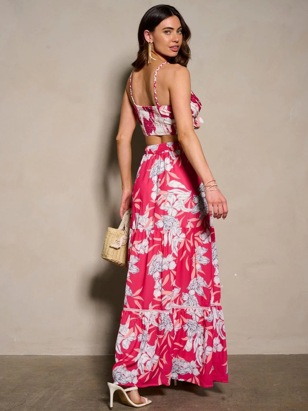 FLAMINGO BLOOM FLORAL CROP TOP MAXI SKIRT SET