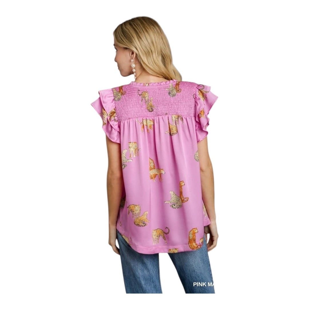 Cheetah Print Boxy Cut Split Neck Top