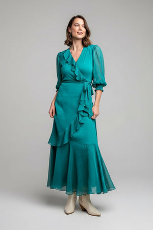 Tie-waist ruffle wrap maxi dress