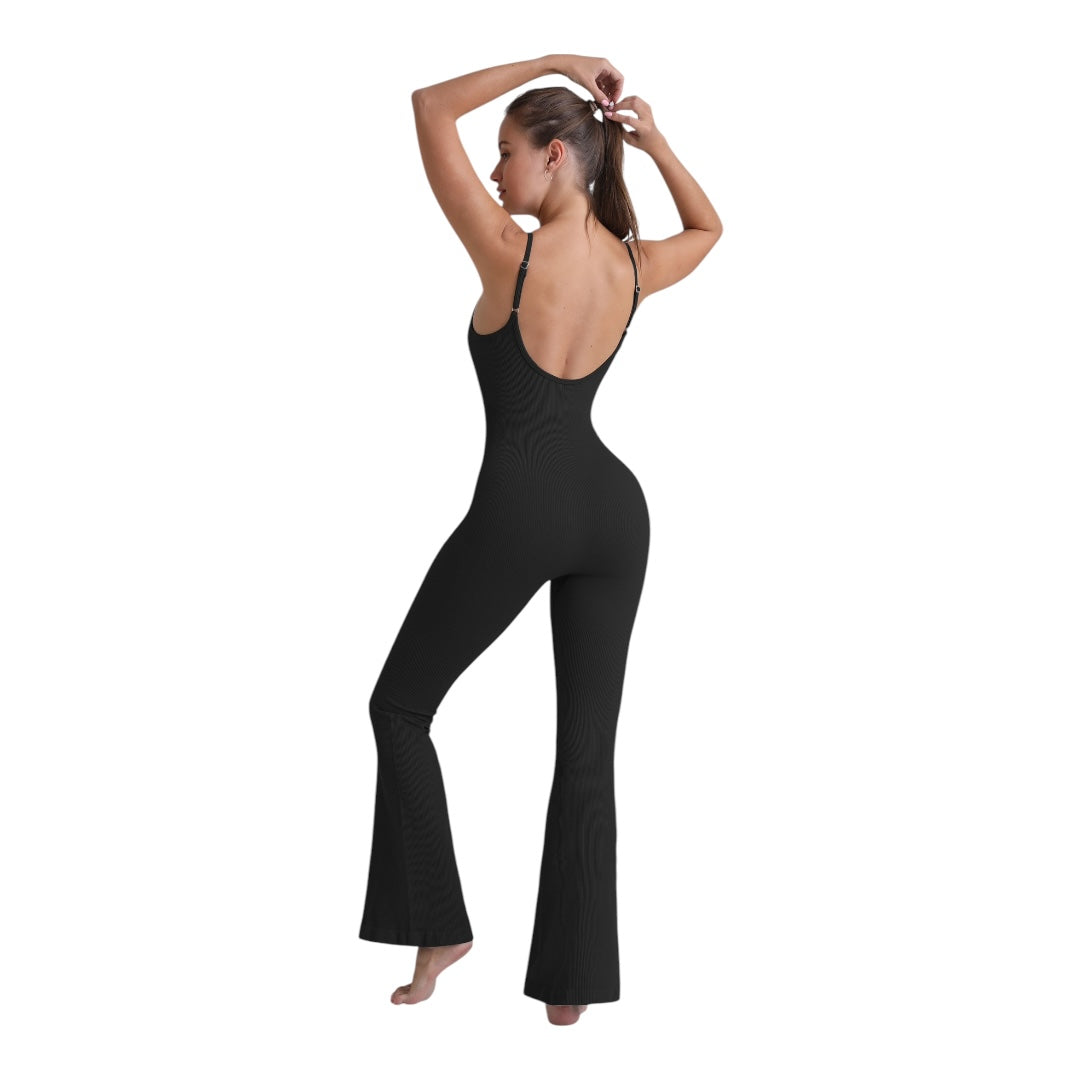 Black Full Body Ribbed Adjustable Spaghetti Strap Flare Yoga Jumpsuit