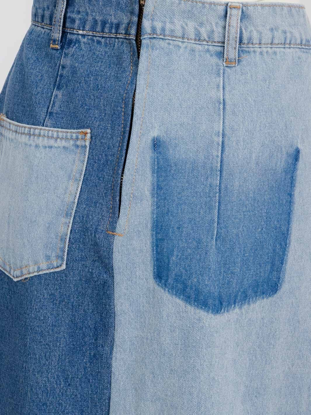 PATCHWORK BLUES BUTTON 2-TONE DENIM MIDI SKIRT
