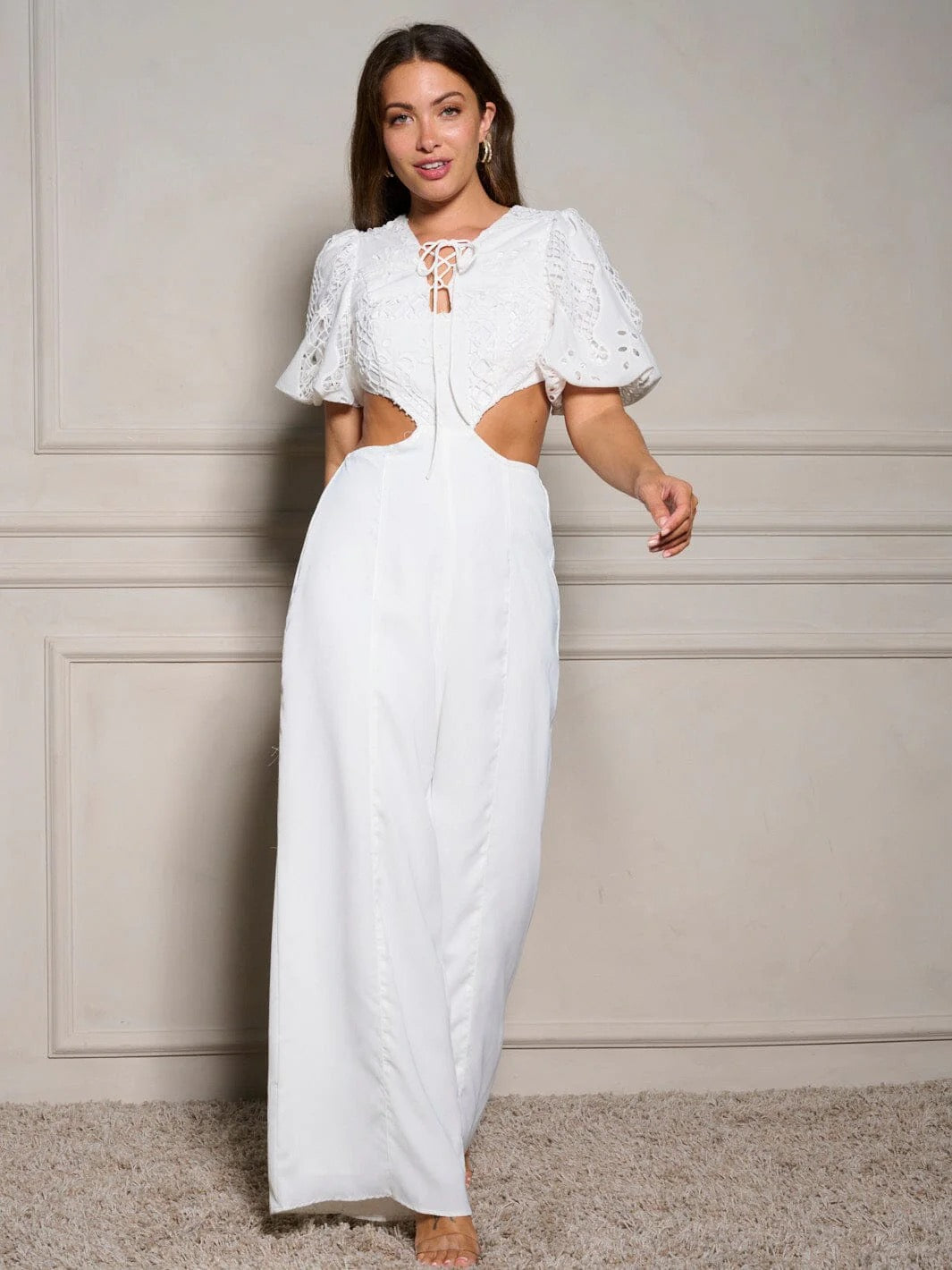 LUNA LUXE EMBROIDERED WHIRE PUFF SLEEVE V-NECK CUT OUT WIDE LEG JUMPSUIT