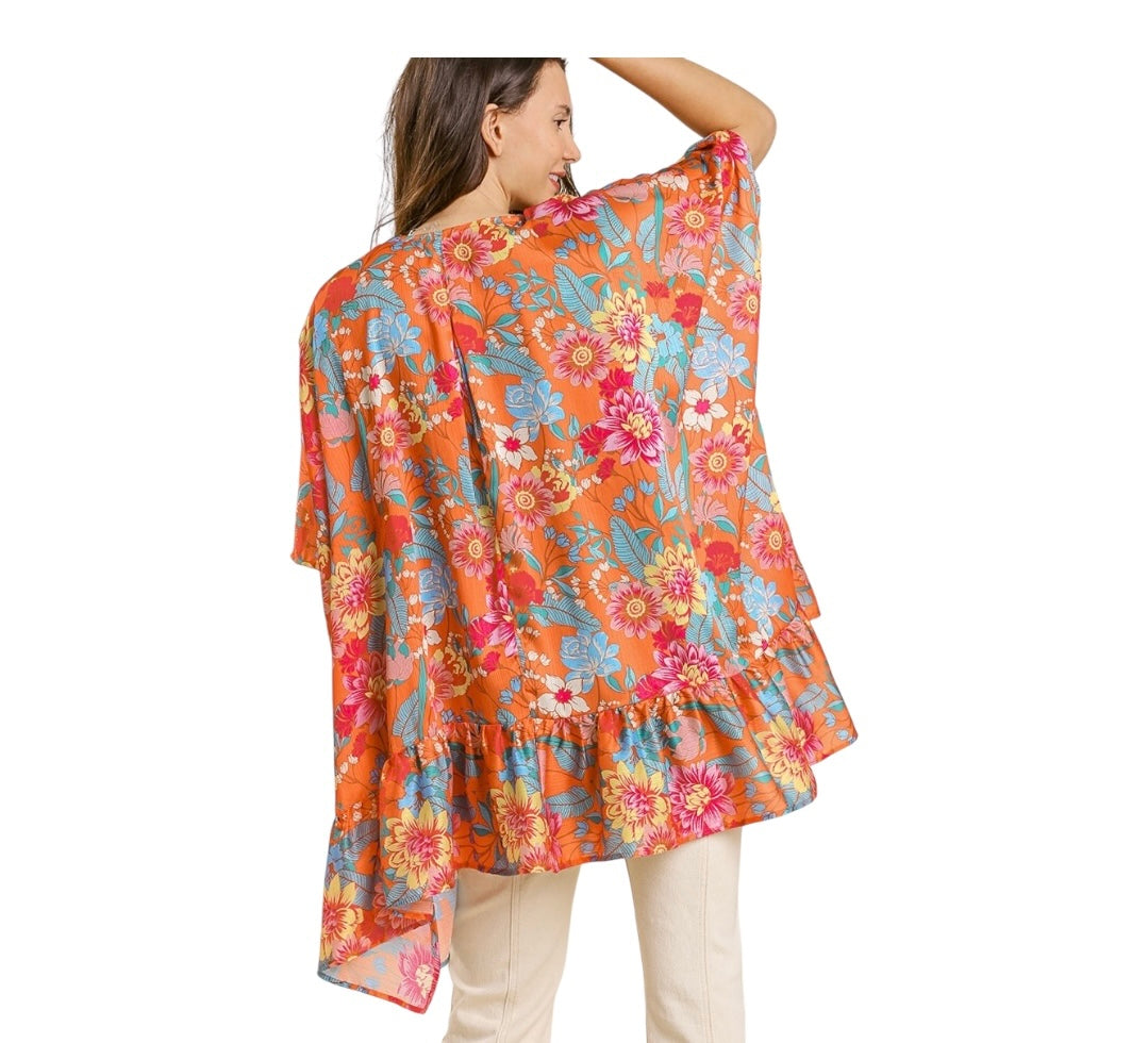 Floral Print Ruffle Sleeve Open Front Kimono with Side Slits
