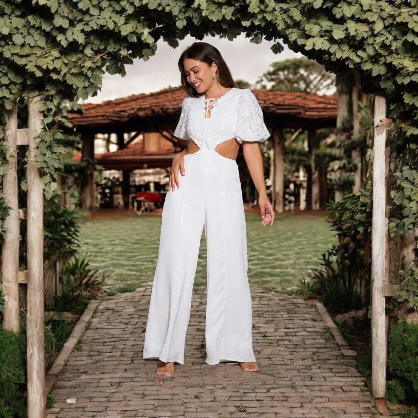 LUNA LUXE EMBROIDERED WHIRE PUFF SLEEVE V-NECK CUT OUT WIDE LEG JUMPSUIT