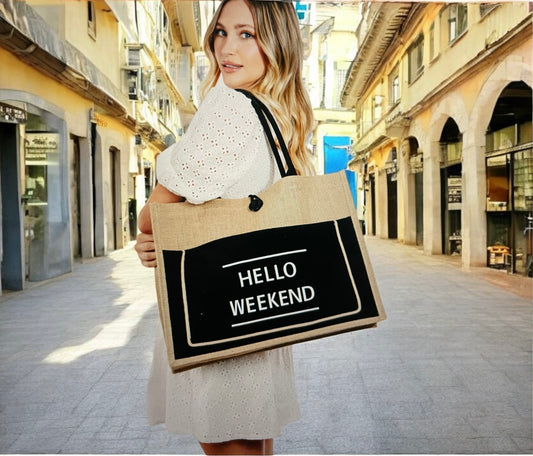 Hello Weekend Burlap Tote Bag