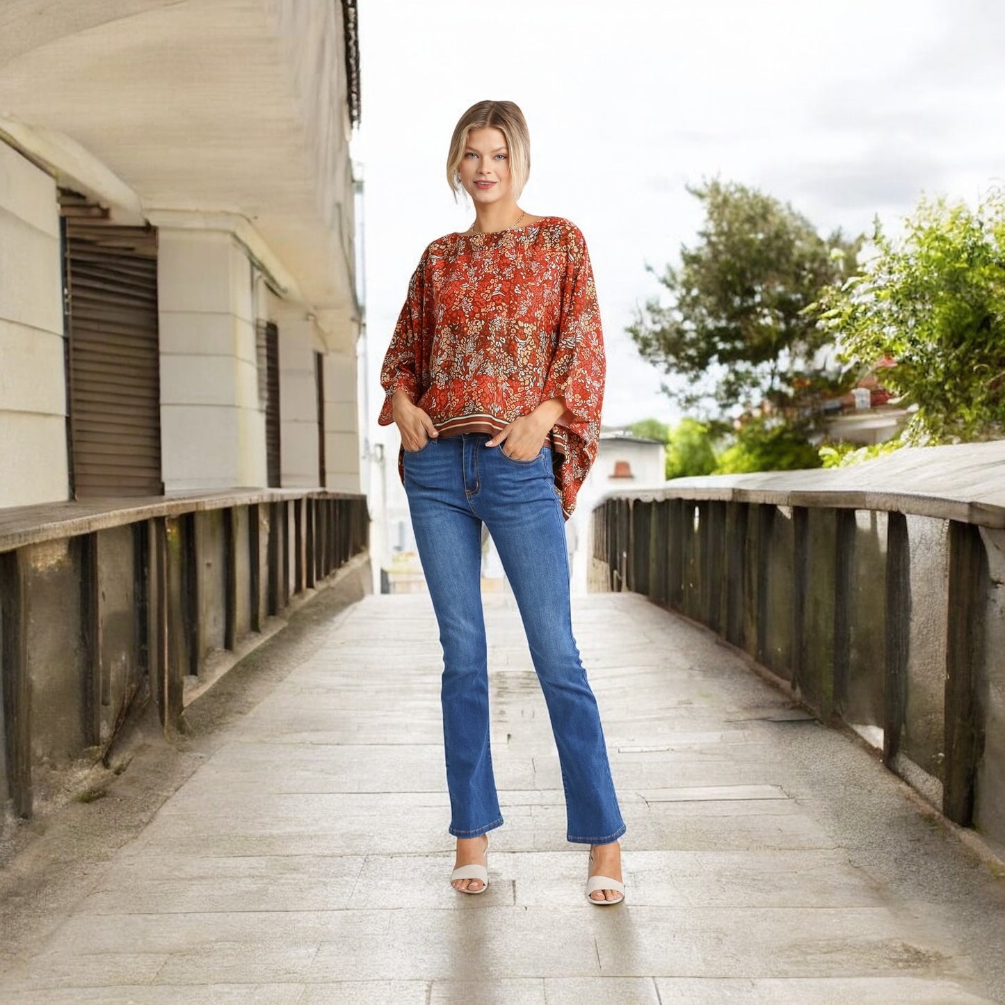 WILD BOTANICA PRINT KIMOMO BOAT NECK TOP