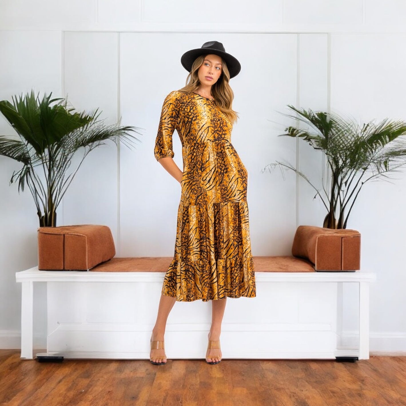 Tiger Print Blossom 3/4 Sleeve Front Pocket Tiered Midi Dress
