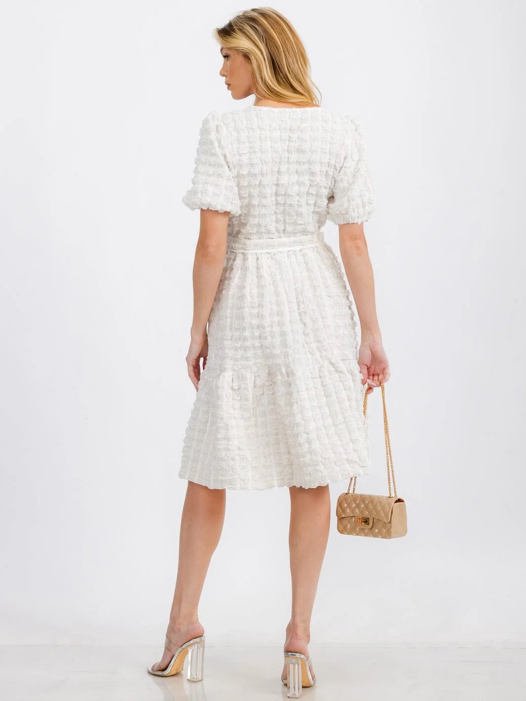 ON CLOUD NINE PUFF SLEEVE SQUARE NECK TIERED POCKETS MIDI DRESS