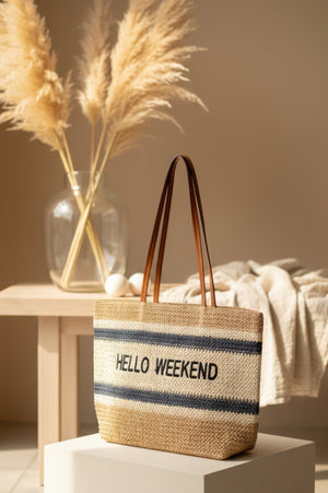 Hello weekend straw braided tote bag, front view