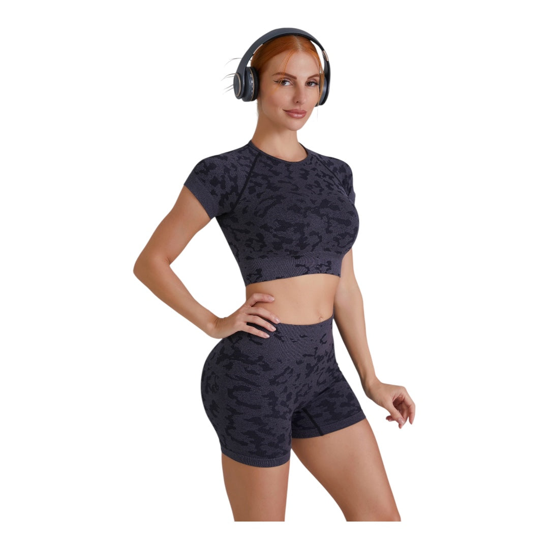 Camo Print Seamless Crop Top High Waisted Short Activewear Set