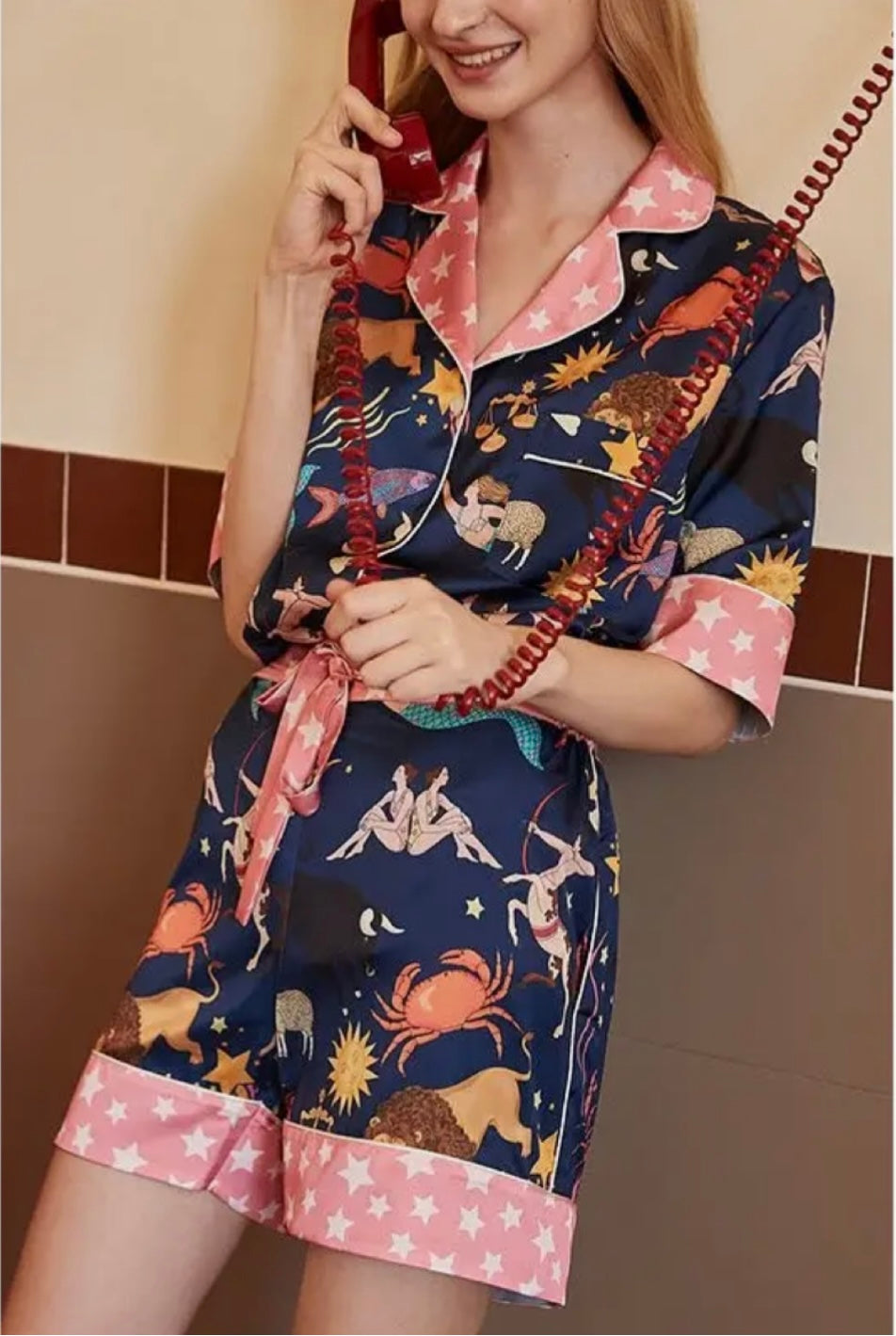 Star Trim Blue Astrology Print Two Piece Pajama Set