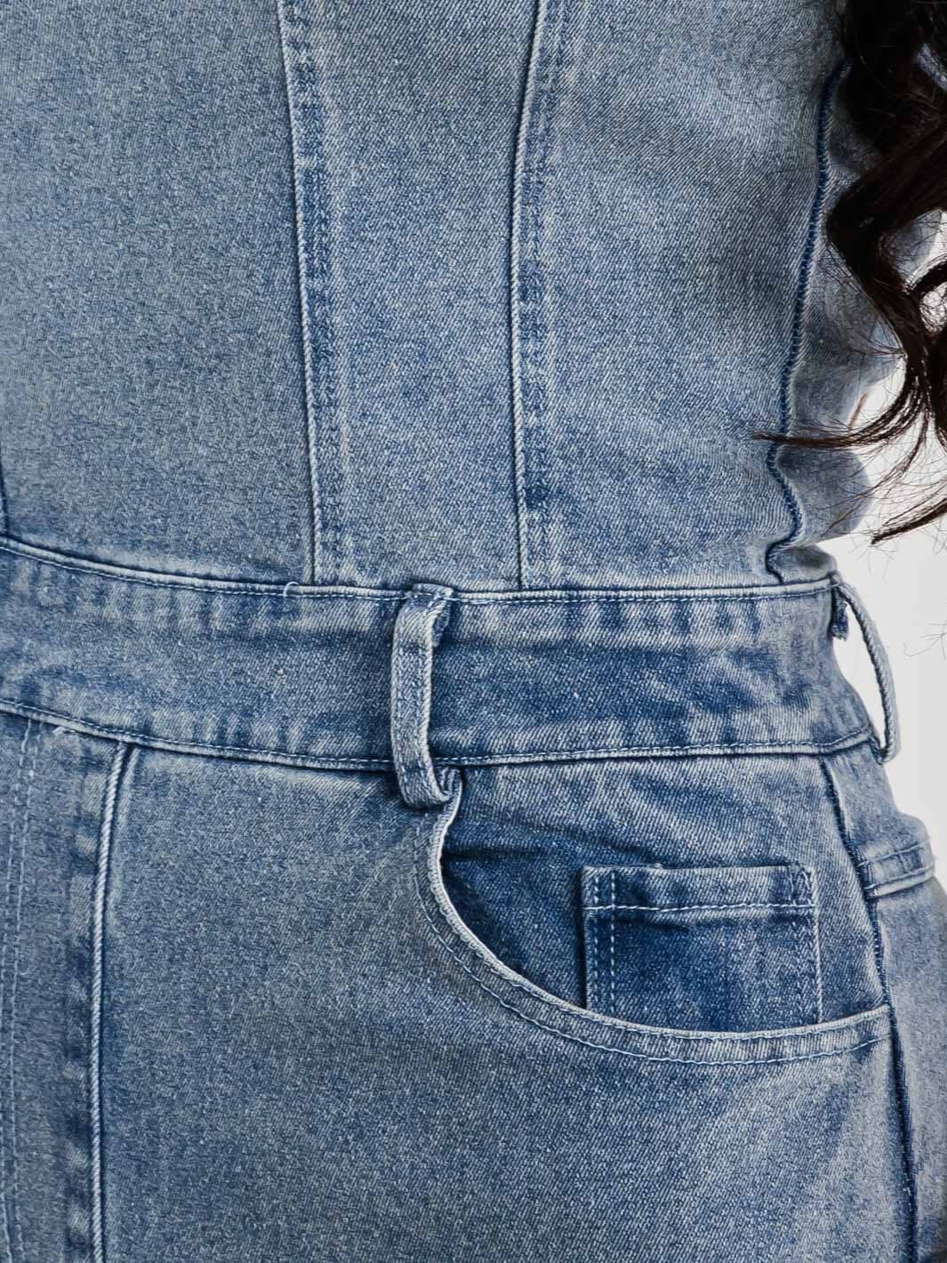 RODEO REBEL STRAPLESS STRETCH WIDE LEG POCKET DENIM JUMPSUIT