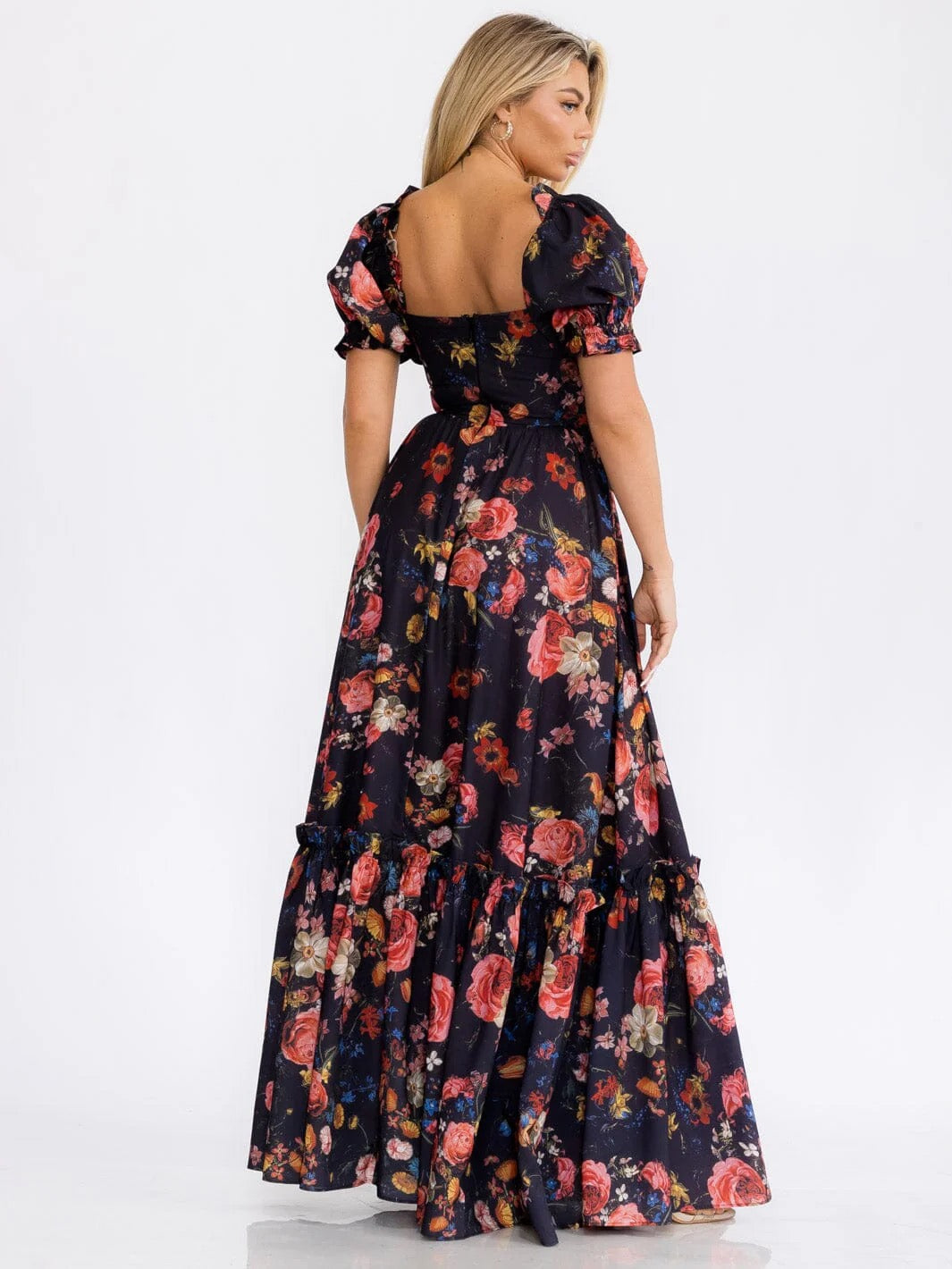 BLACK PINK FLORAL SHORT PUFF SLEEVES MAXI DRESS