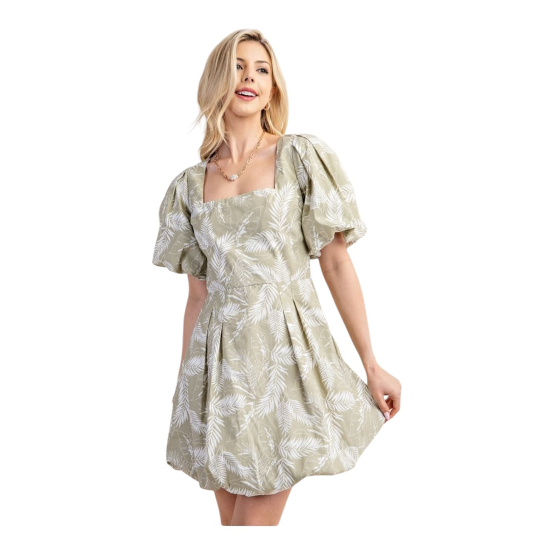 Leaf Printed Bubble Hem Short Sleeve Dress