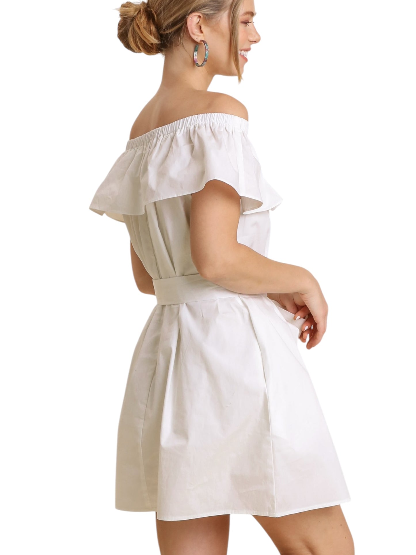Ruffle Off Shoulder with Self Tie Sash Dress