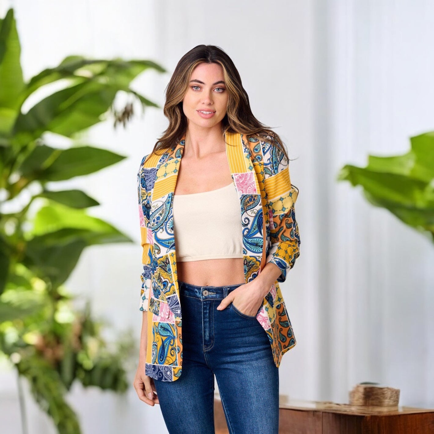 SOLEIL MOSAIC PAISLEY, GEOMETRIC PATTERN 3/4 SLEEVE BLAZER