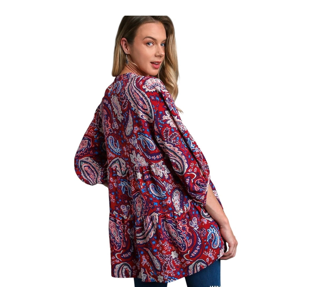 Wine Color Mix PaisleyTiered 3/4 Sleeve Baby Doll Tunic Top