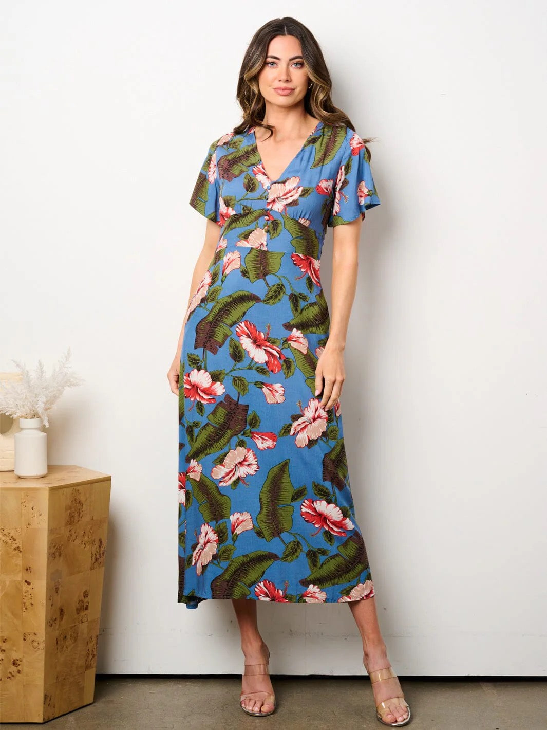 TROPICAL HIBISCUS BLUE FLORAL MIDI DRESS