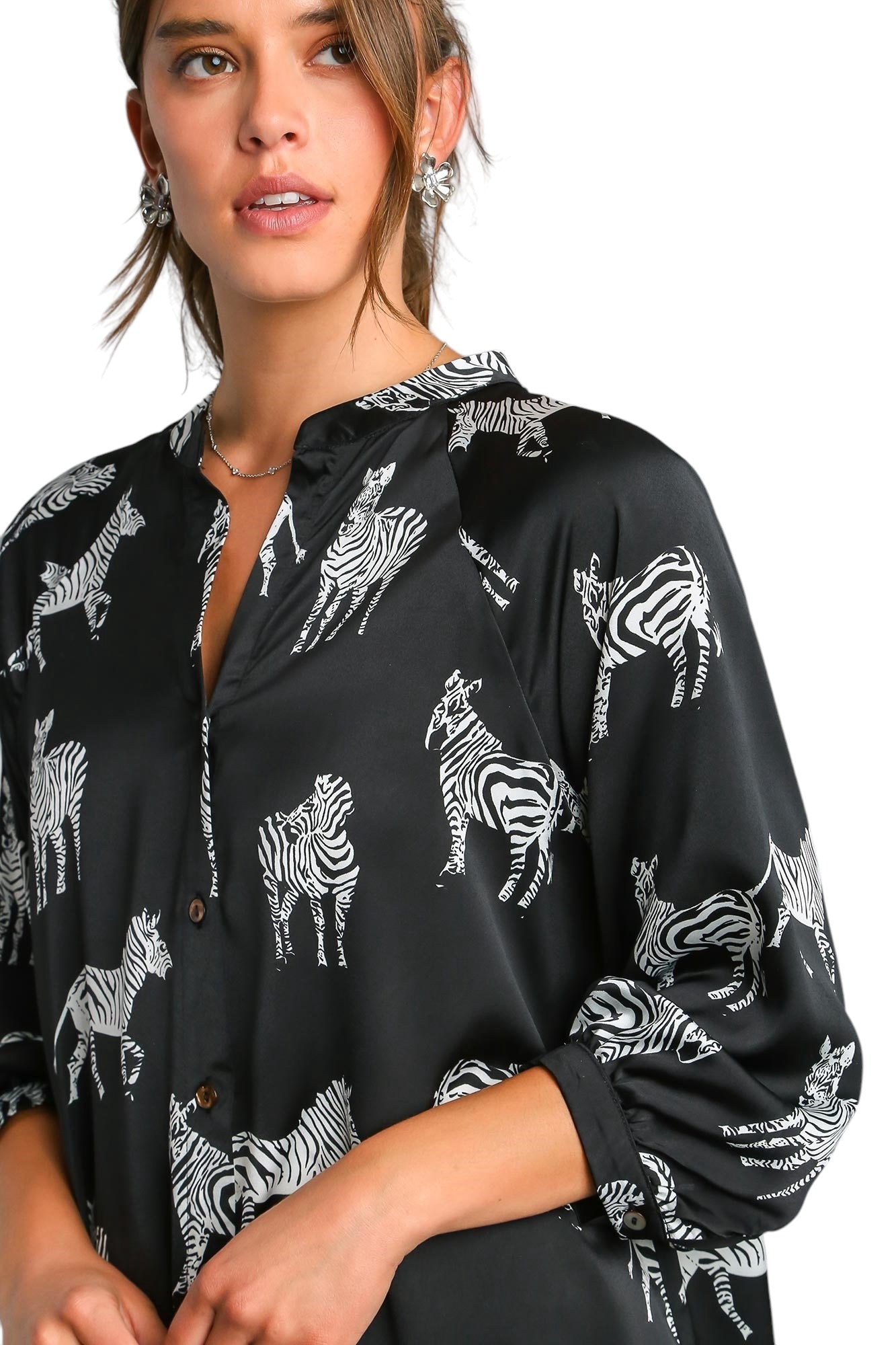 Satin Zebra Print Button Down High Low Hen Midi Dress
