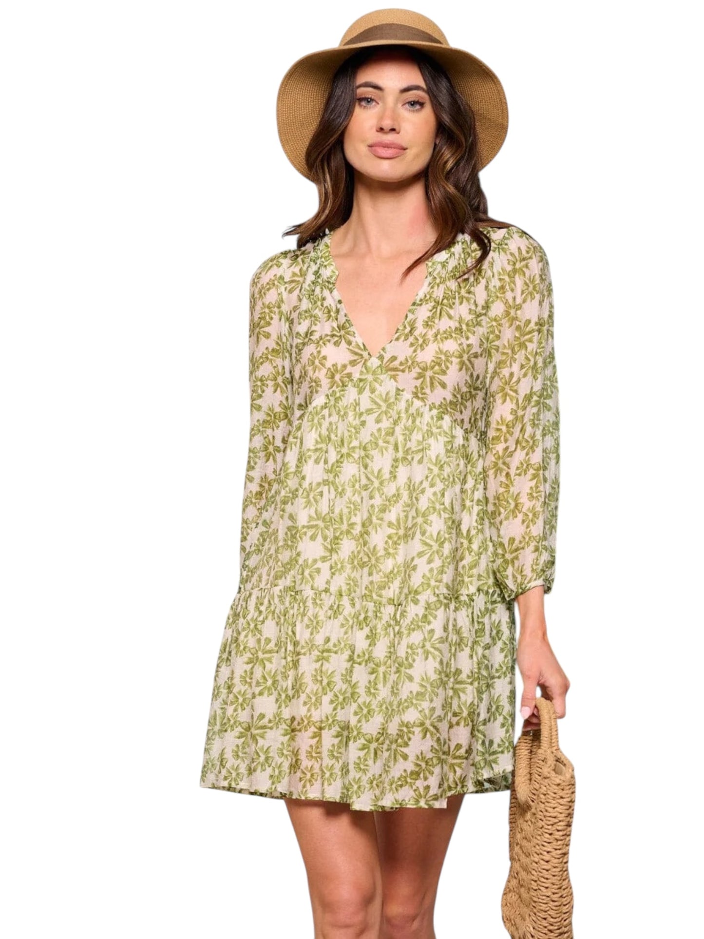 GREEN FLORAL V-NECK TUNIC MINI DRESS