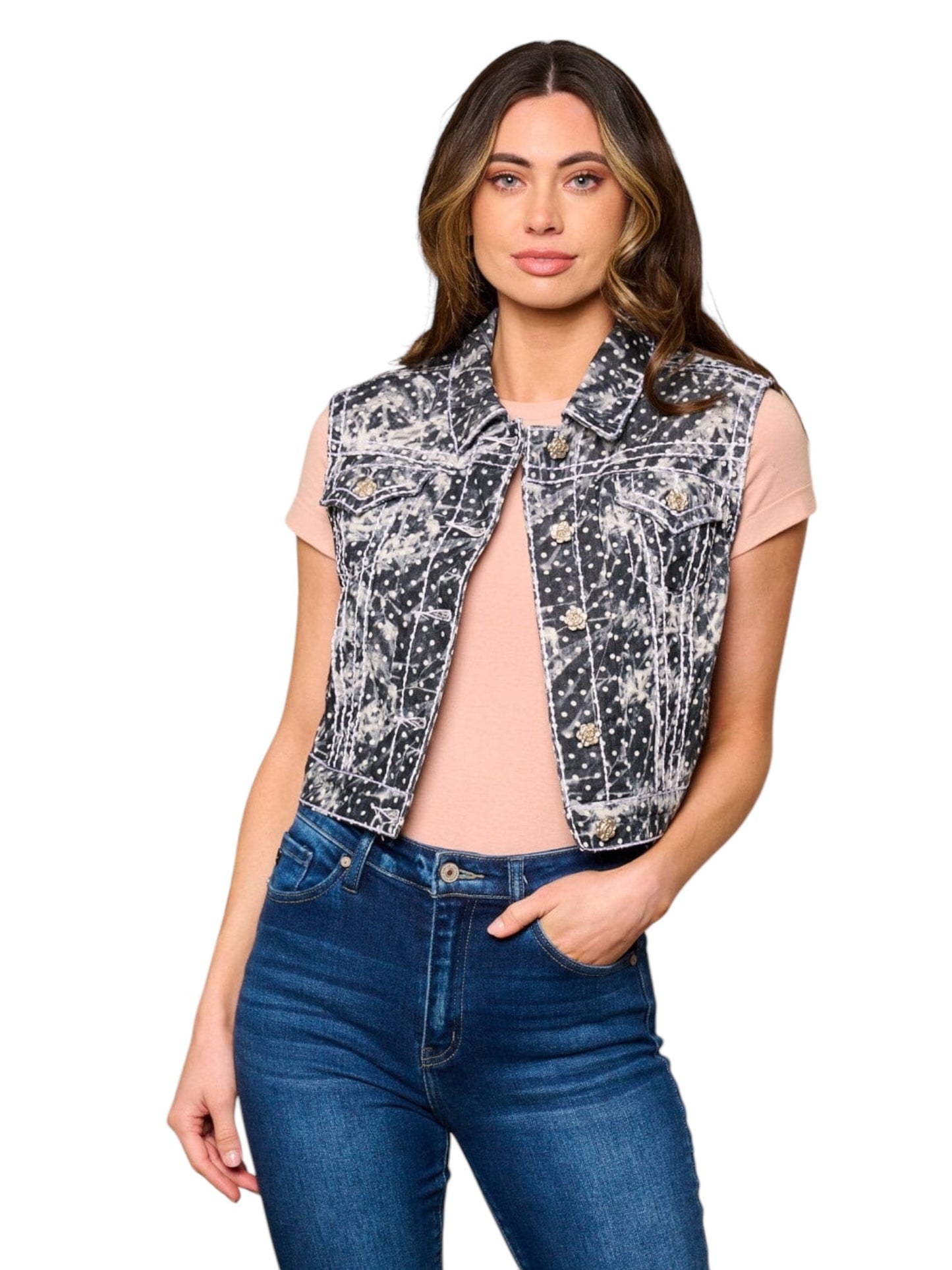 BLACK POLKA DOTS WASHED DENIM VEST