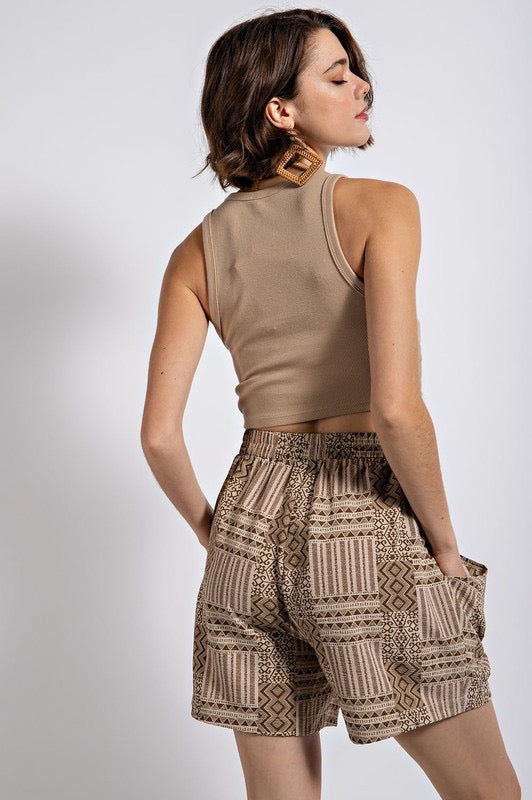 High Waisted Brown Aztec Print Shorts