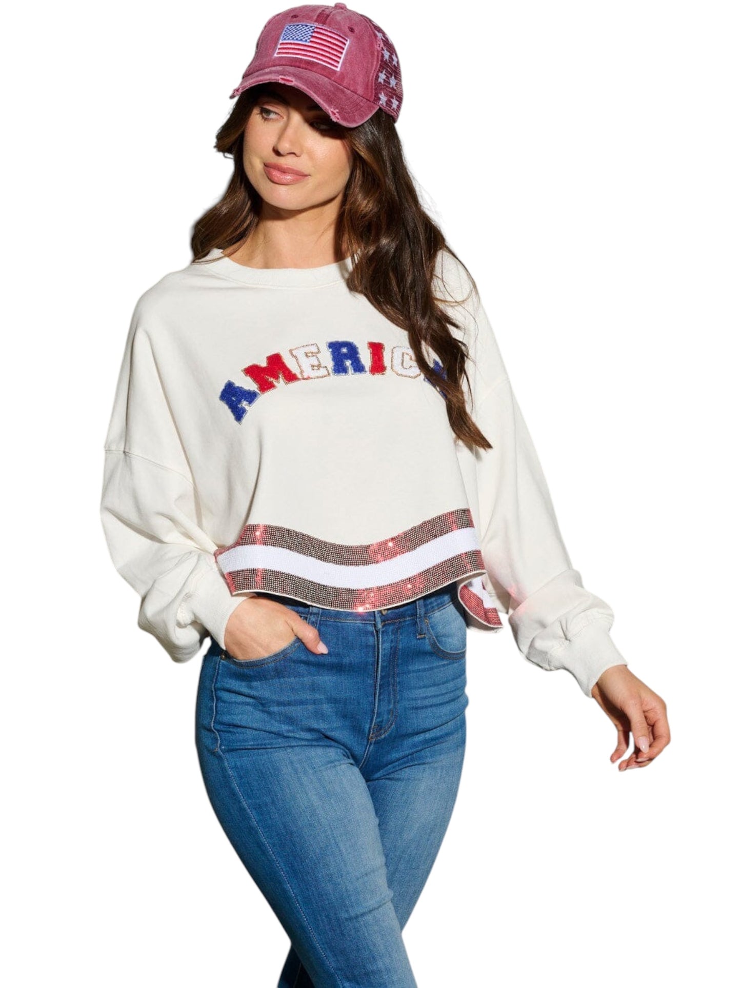 THE AMERICANA CREW LONG SLEEVE SEQUIN CROP PULLOVER SWEATER