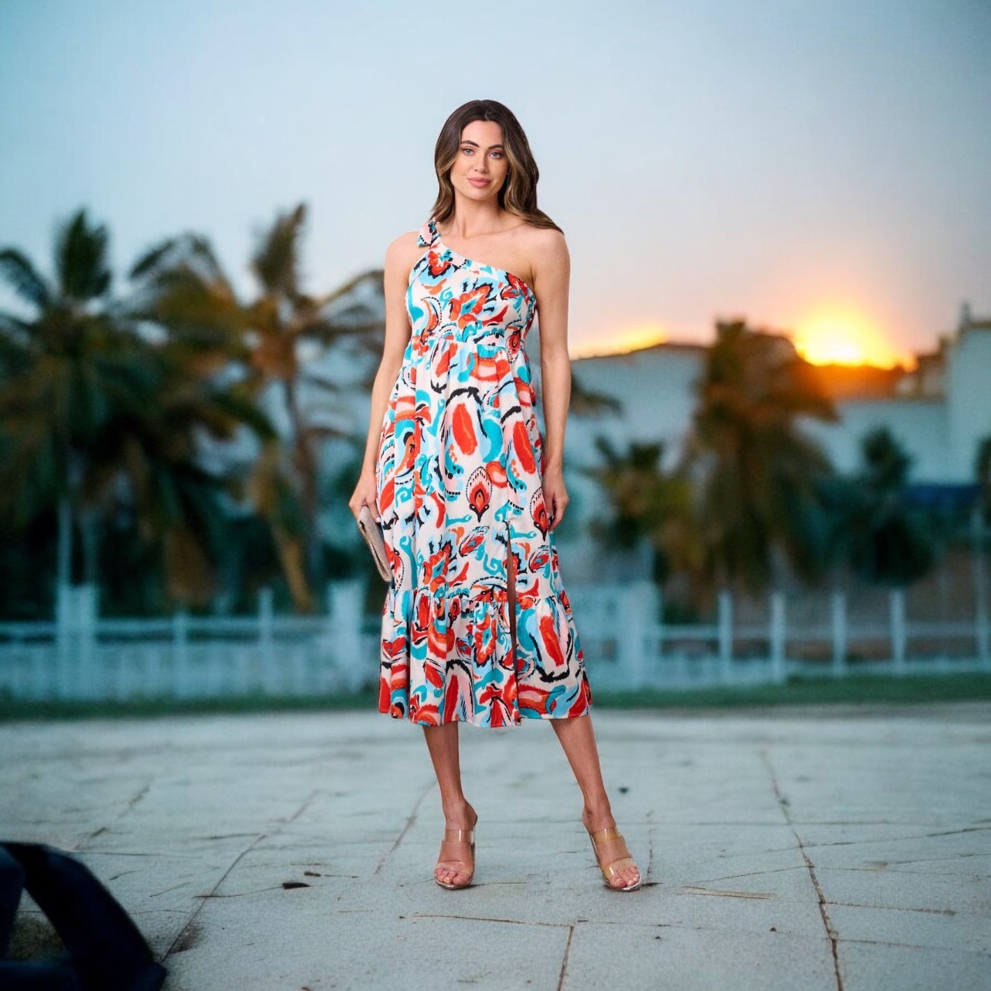 LOVE KNOT TIE ONE SHOULDER TIERED MULTICOLOR ABSTRACT MIDI DRESS