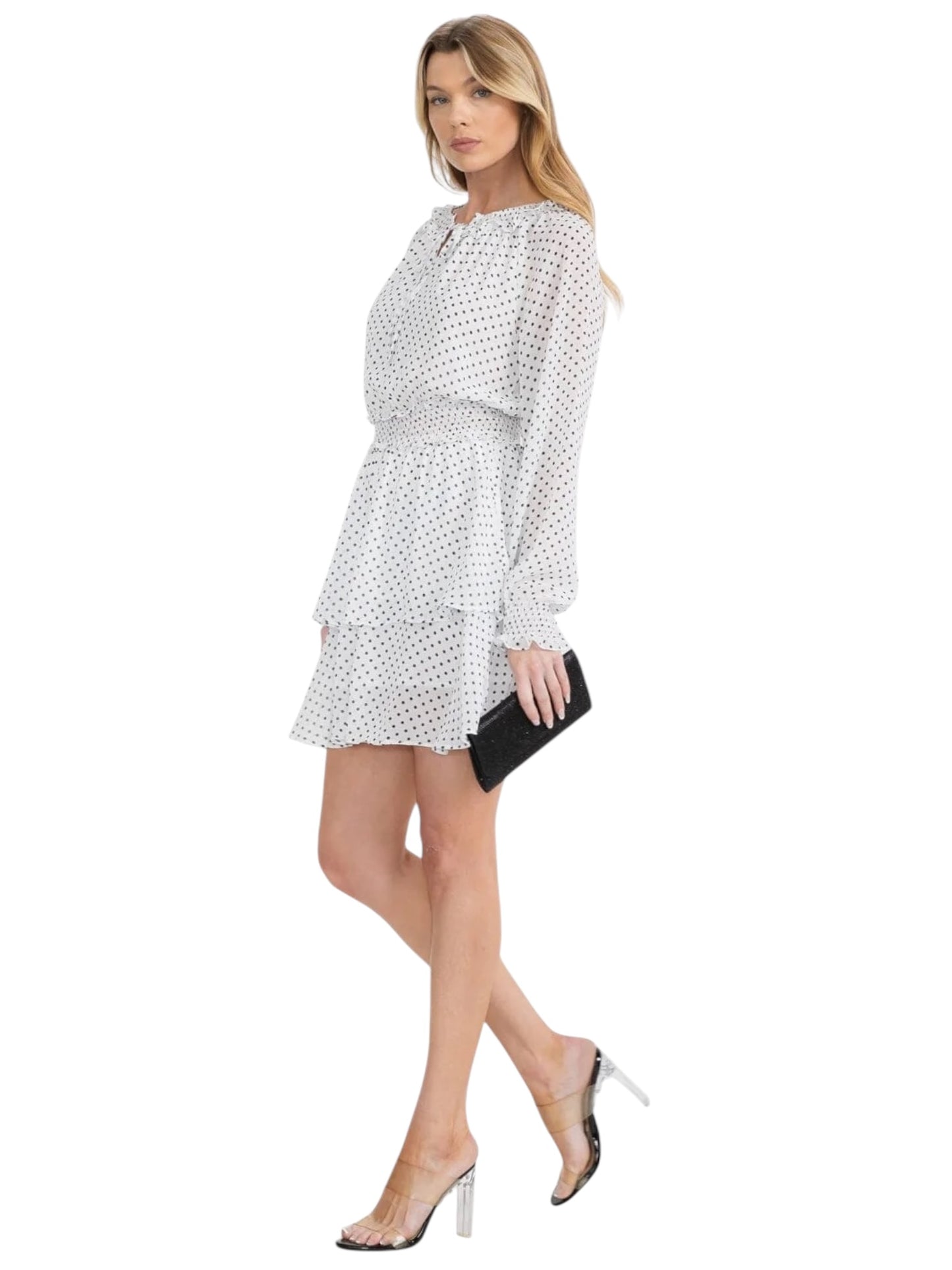 BLACK & WHITE PLOKA DOT SMOCK WAIST FIT & FLARE MINI DRESS