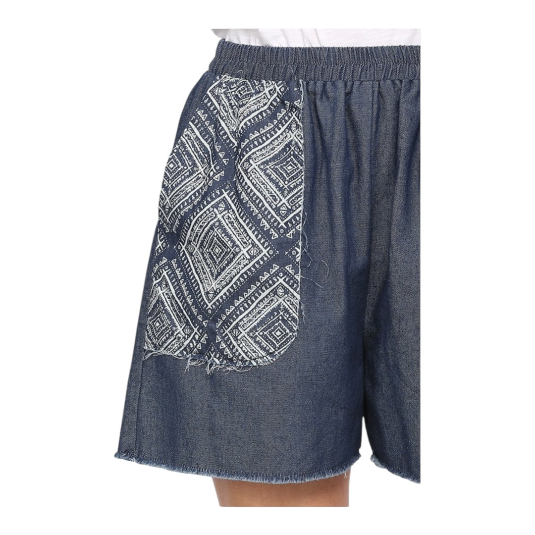INDIGO PATCHPLAY DARK DENIM ELASTIC WAIST SHORTS