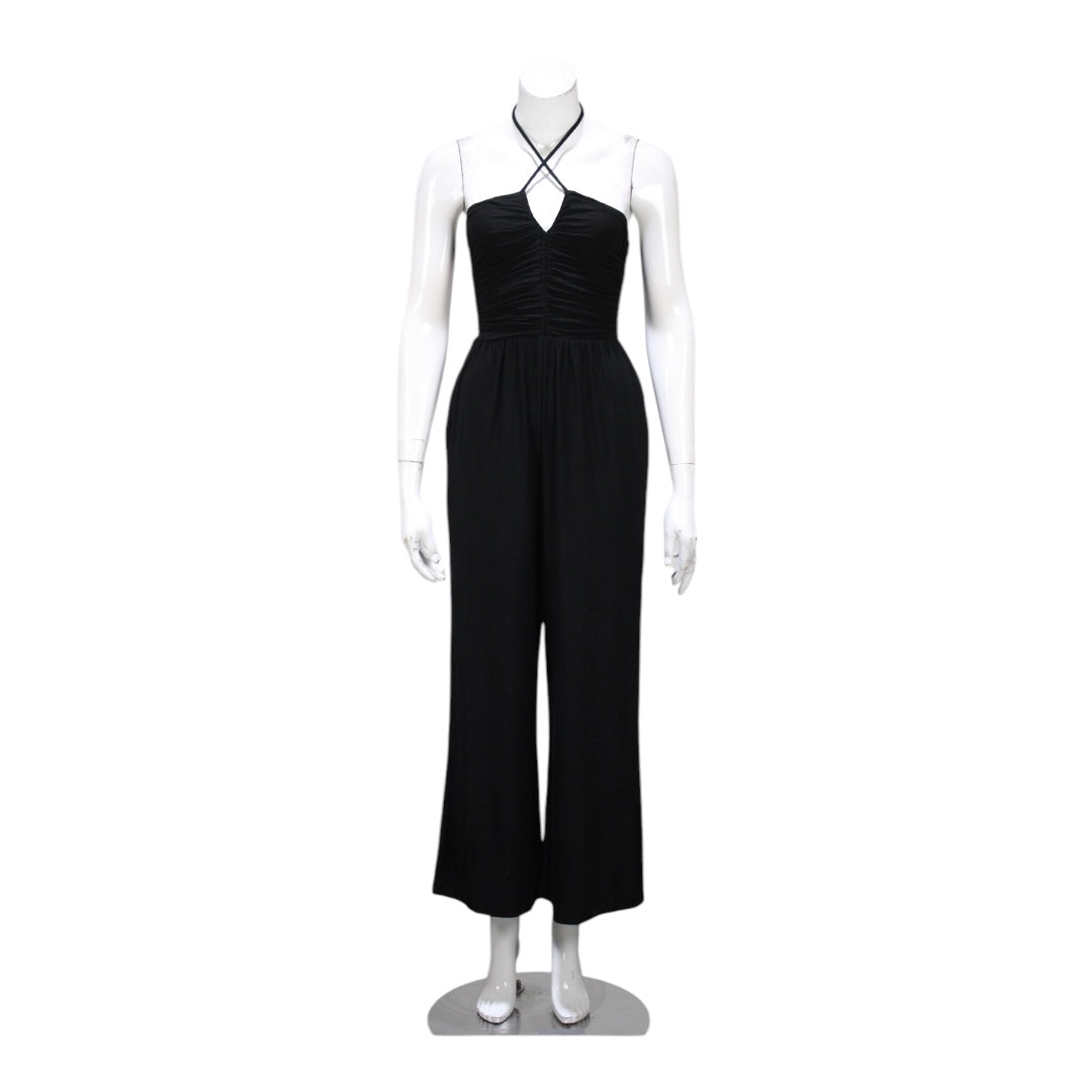 MIDNIGHT MUSE BLACK SMOCKED HALTER WIDE LEG JUMPSUIT