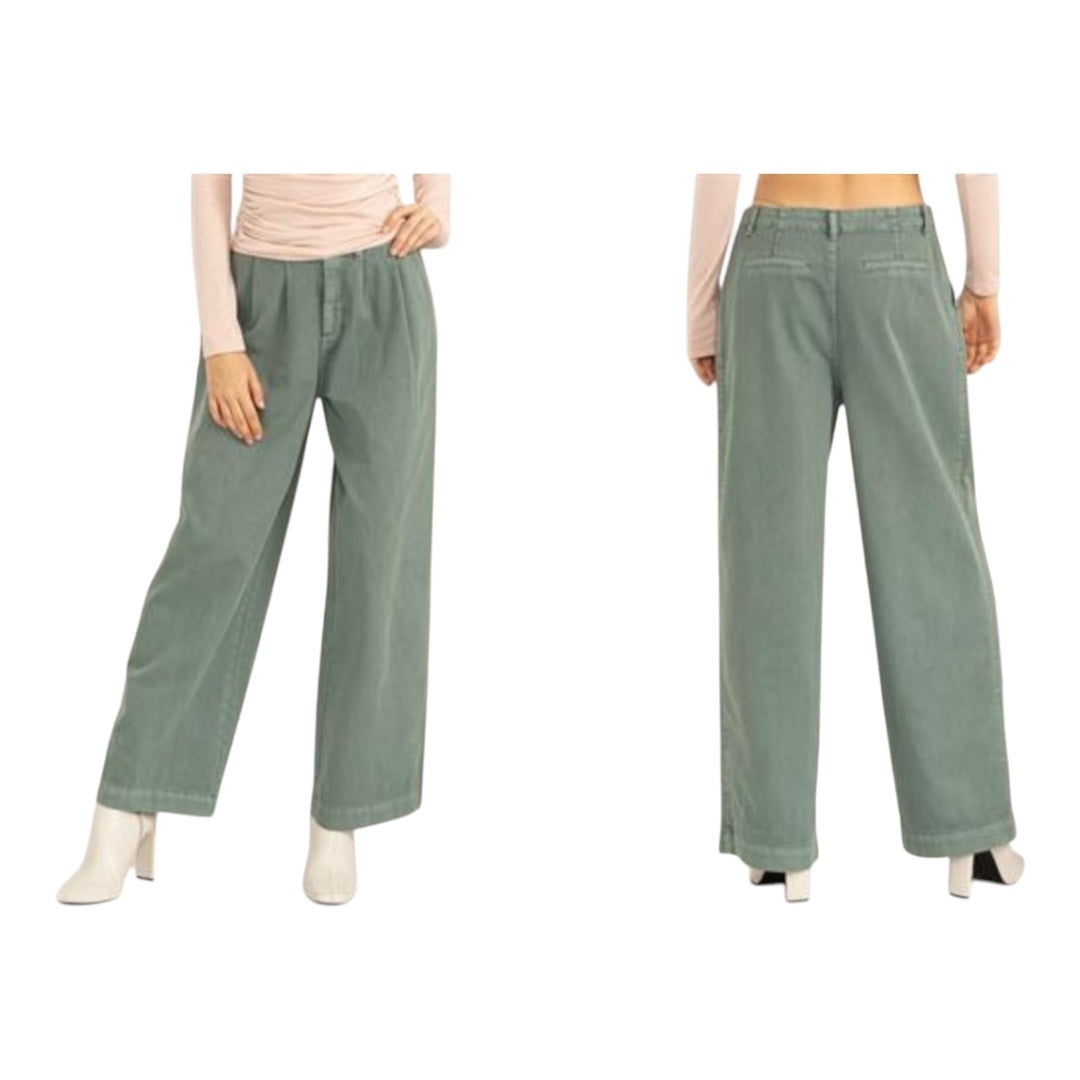 Gray- Green Pleated Mid- Rise Wide Leg Pants