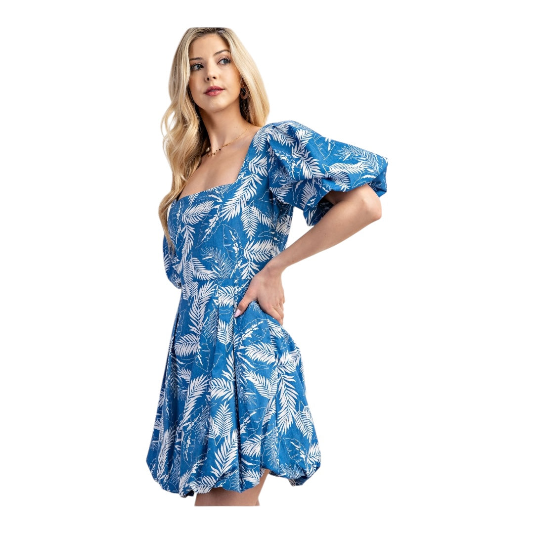 Leaf Printed Bubble Hem Short Sleeve Dress