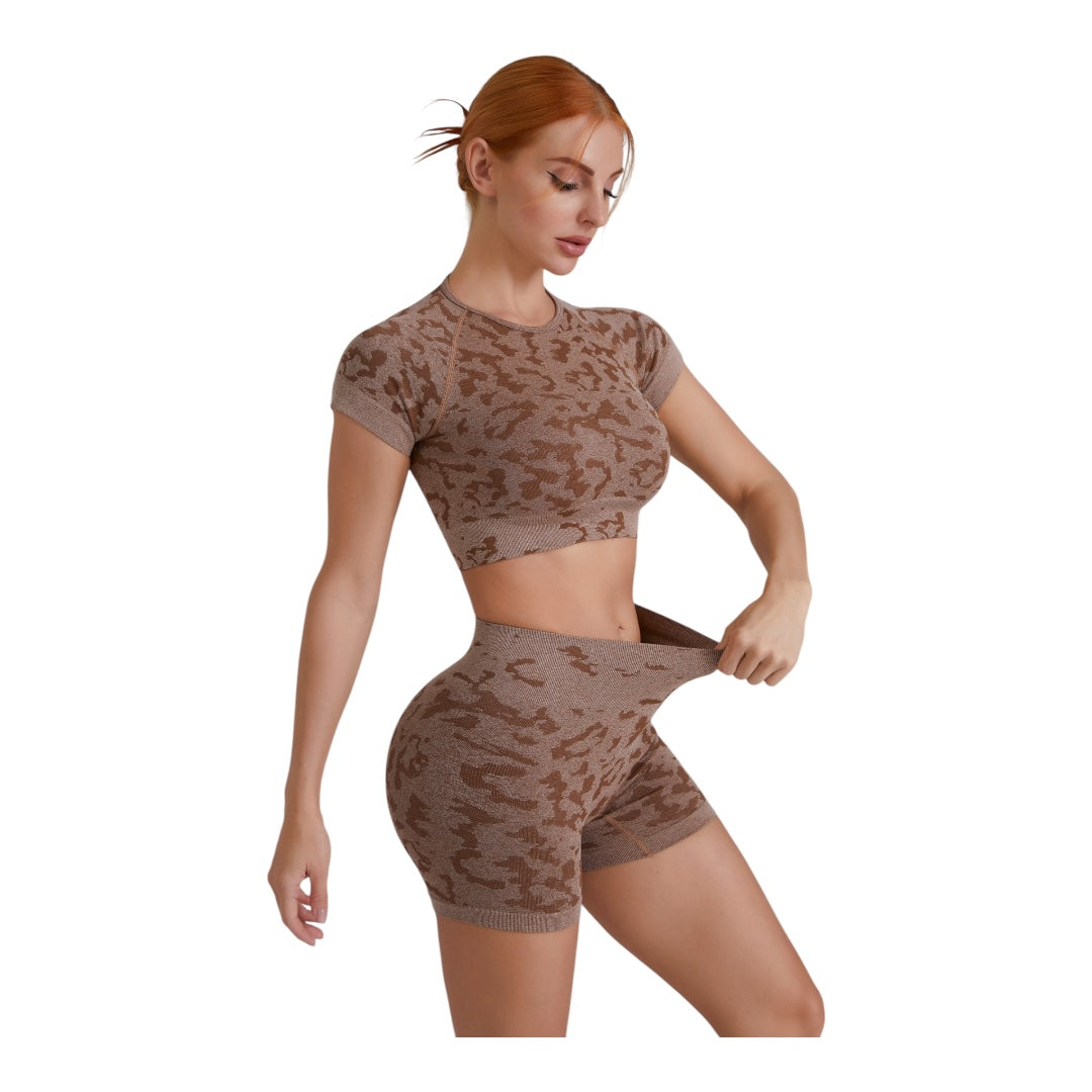 Camo Print Seamless Crop Top High Waisted Short Activewear Set