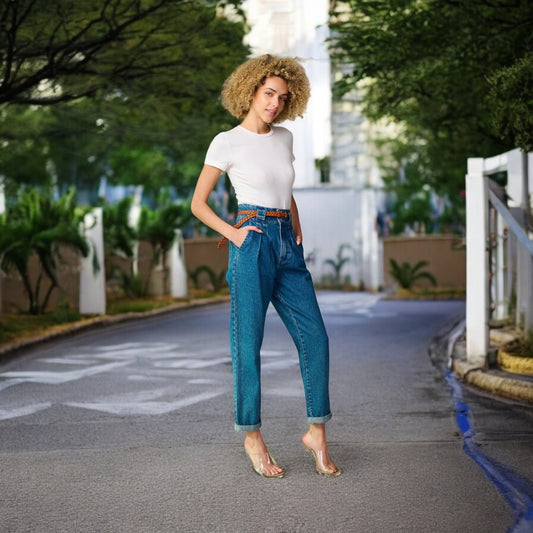 BLUE MEDIUM WASH HIGH WAIST BAGGY ROLL HEM BELTED DENIM JEANS