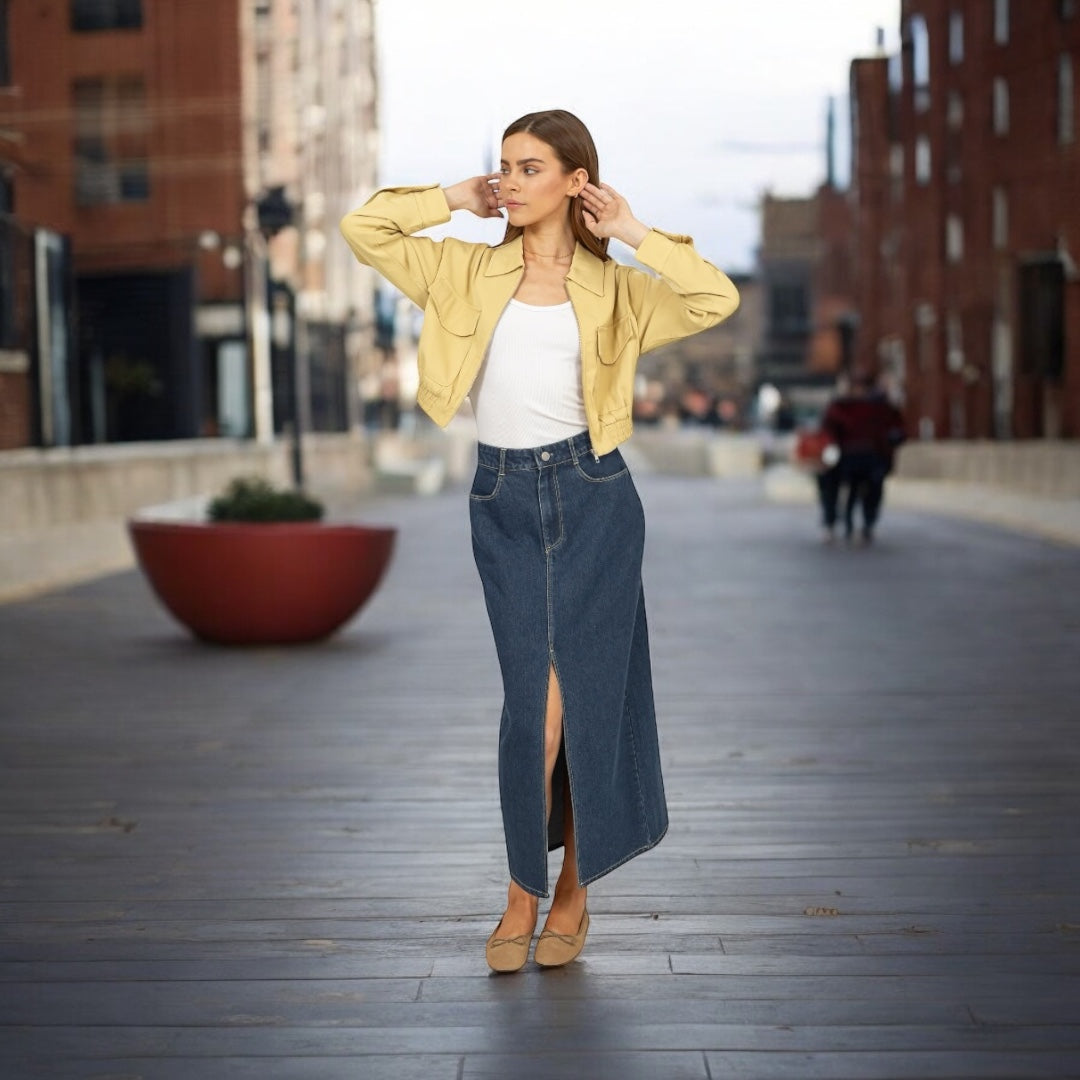 STREETLINE SLIT INDIGO BLUE MIDI DENIM SKIRT