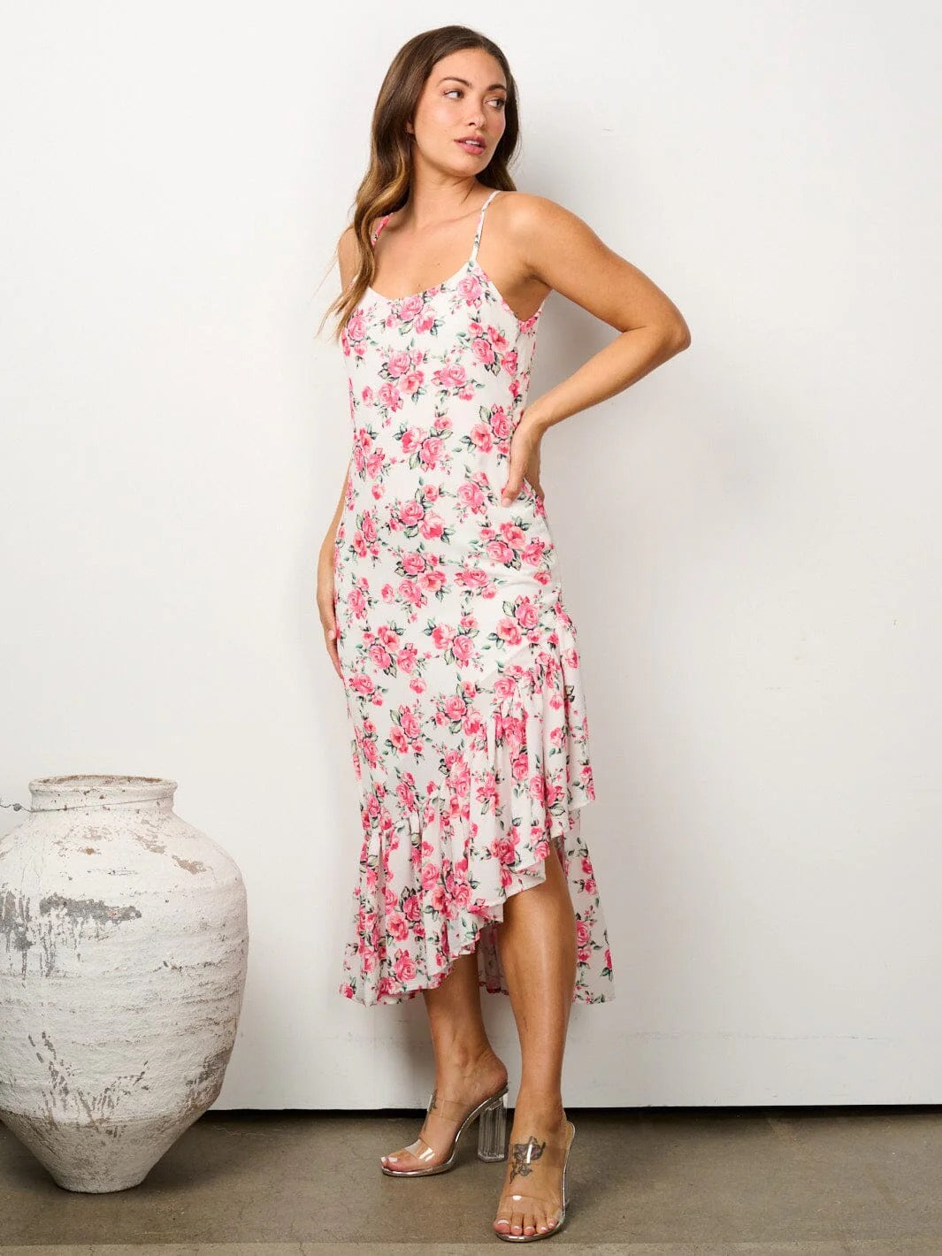 FLORAL RUFFLE HEM HIGH LOW MIDI DRESS
