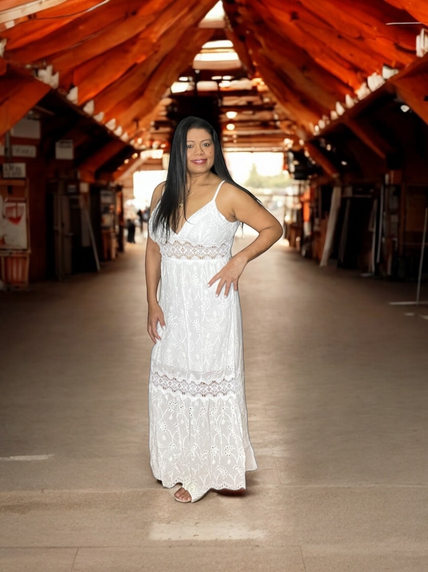 White Strapped Long Eyelet Dress